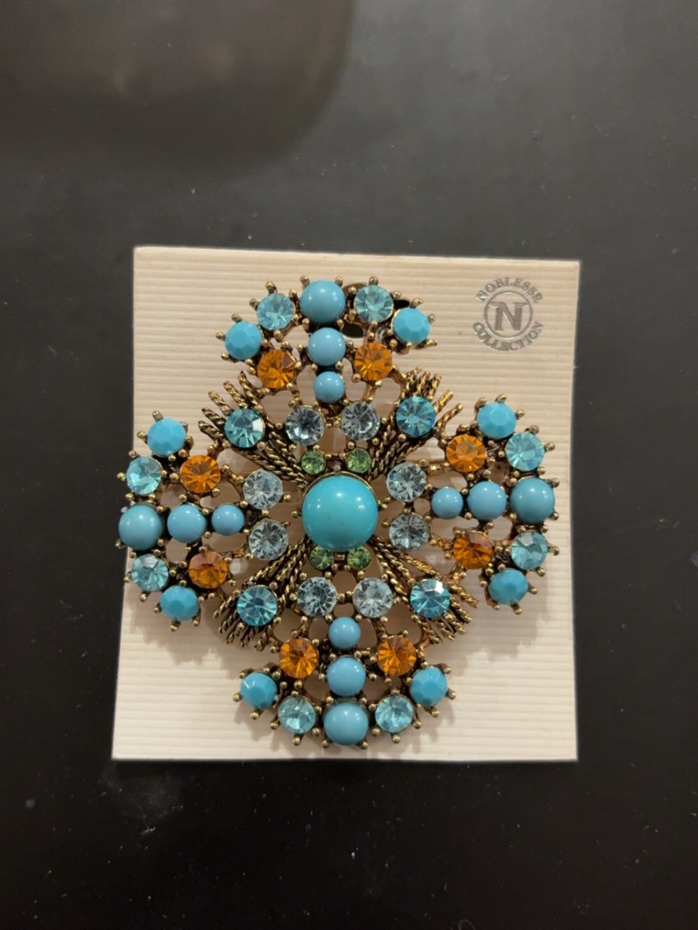 Turquoise & Amber Crystal Statement Brooch - Women Jewelry